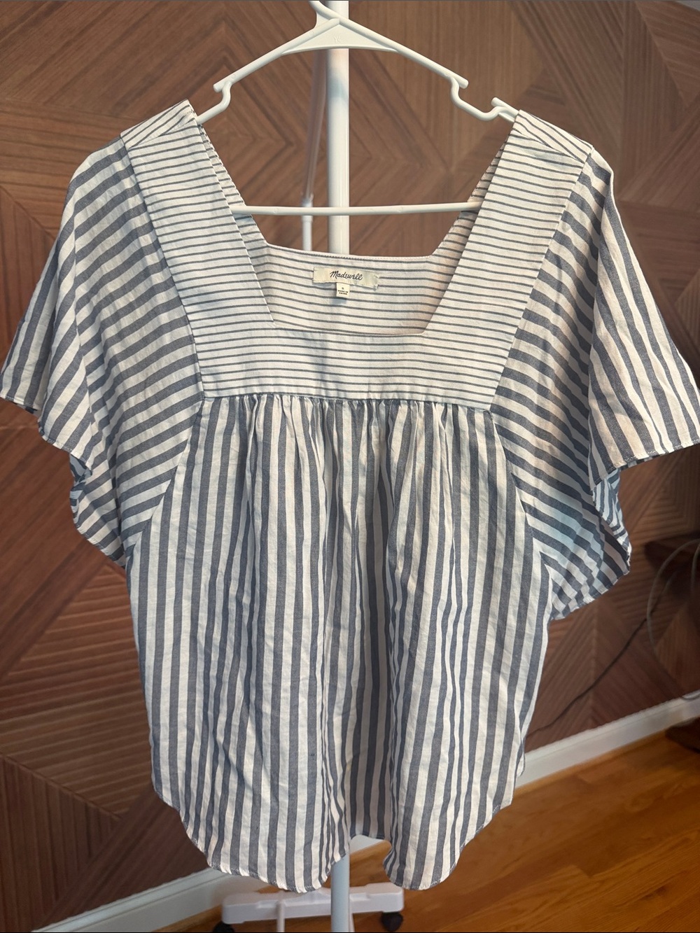 Madewell Blue and White Striped Square-Neck Flutter Top